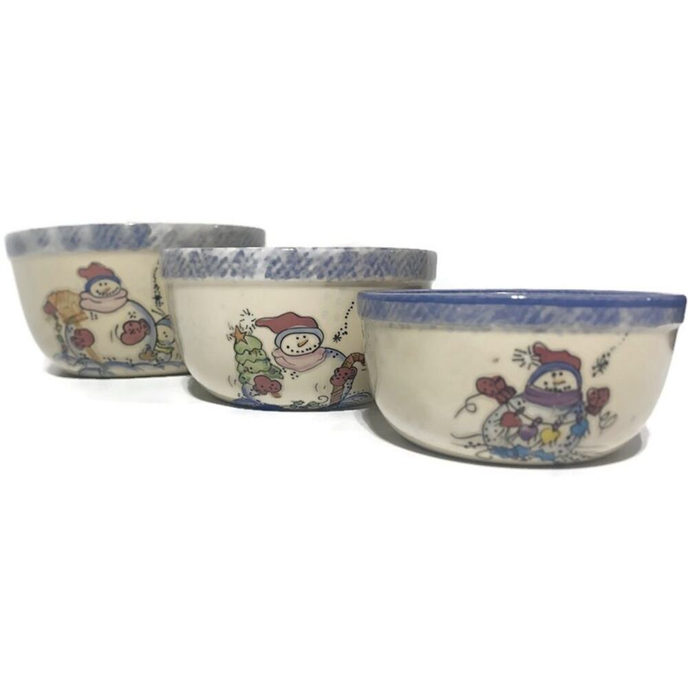 Vintage Stoneware Nesting Bowls Snowman Holiday Winter Vital Unit Set of Three